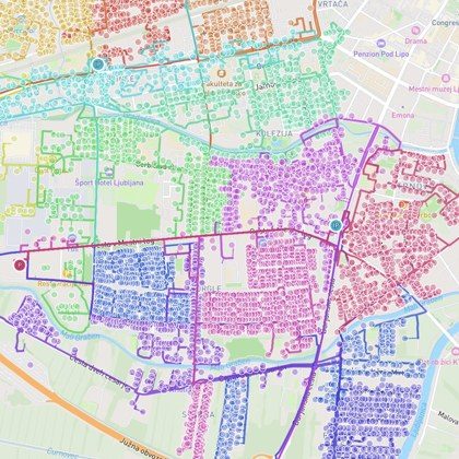 How the system learns the real door, on a map of Ljubljana