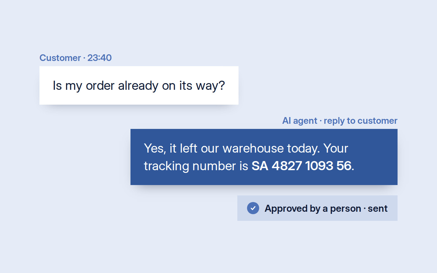 A customer question and the reply with a tracking number, approved by a person