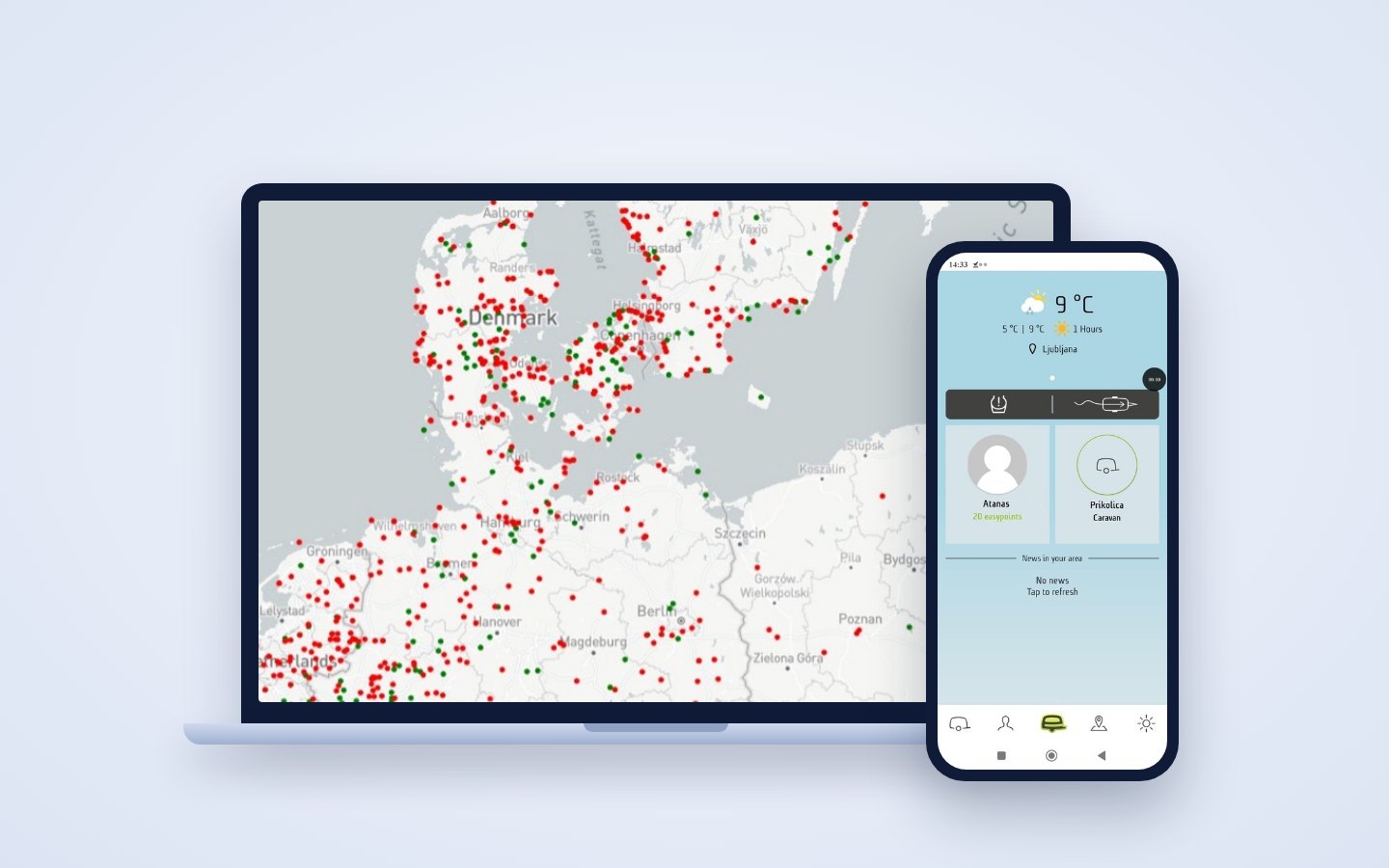 A laptop with a fleet map and a phone with a caravan app, both built by Solvesall