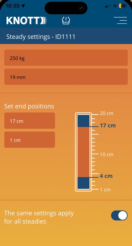 Knott app: settings and end positions for each steady