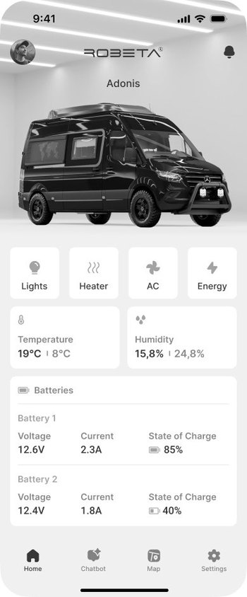 Robeta app: lights, heater, air conditioning and batteries